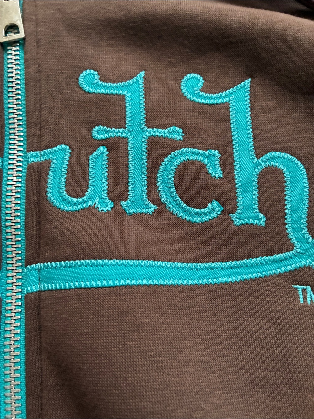 Von Dutch Brown Hoodie with Teal Logo and Zip - Picture 4 of 10